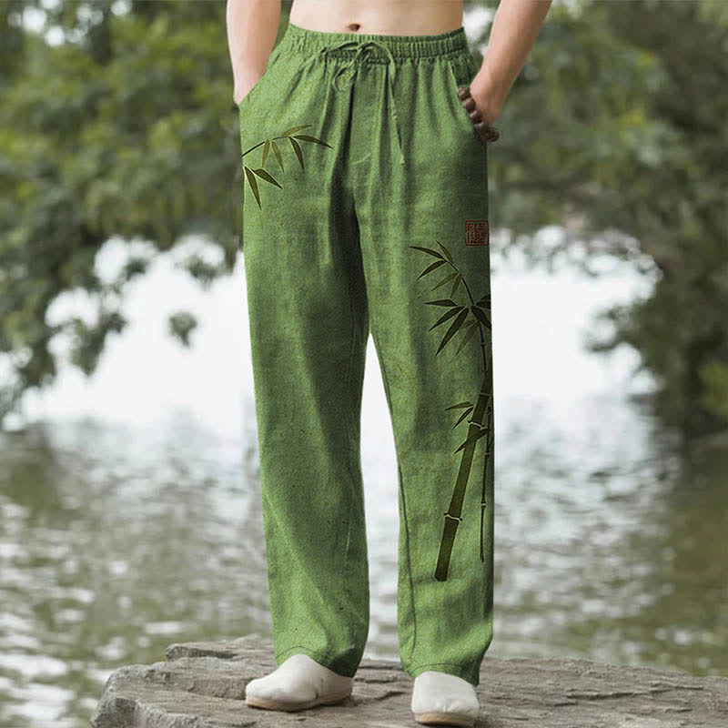 Buddha Stones Cotton Bamboo Leaves Ink Pattern Men's Tapered Pants With Pockets - OliveDrab - US/UK/AU50，EU60 (5XL) - image 0