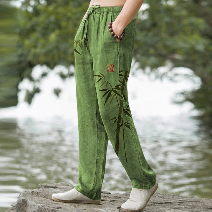 Buddha Stones Cotton Bamboo Leaves Ink Pattern Men's Tapered Pants With Pockets - image 1