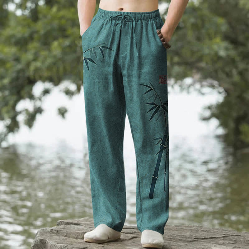 Buddha Stones Cotton Bamboo Leaves Ink Pattern Men's Tapered Pants With Pockets - Teal - US/UK/AU50，EU60 (5XL) - image 4