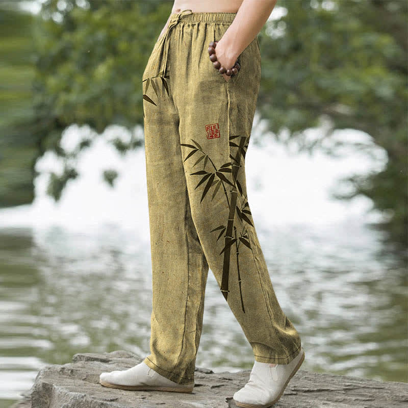 Buddha Stones Cotton Bamboo Leaves Ink Pattern Men's Tapered Pants With Pockets - image 7