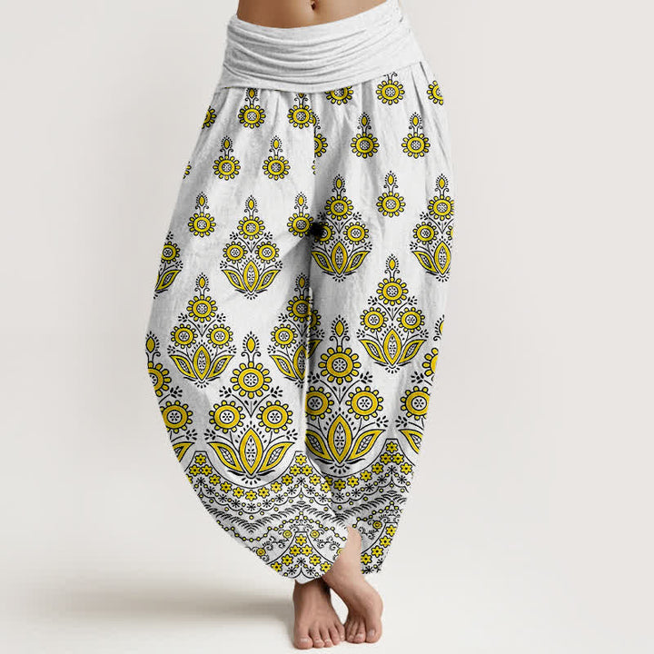 Buddha Stones Pure Cotton Mandala Floral Pattern Women's Elastic Waist Harem Pants - Yellow - US16，UK/AU20，EU48 (3XL) - image 3