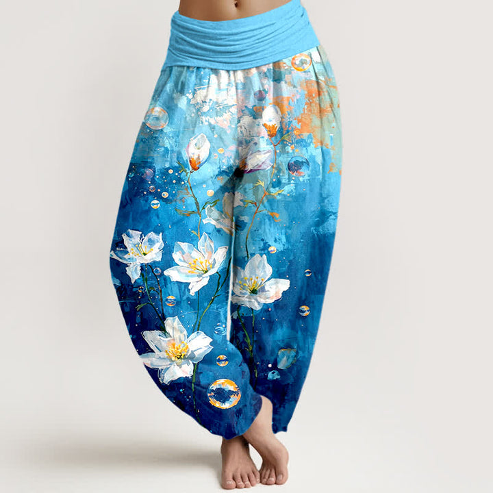 Buddha Stones Pure Cotton Watercolor White Lotus Pattern Women's Elastic Waist Harem Pants - Turquoise - US16，UK/AU20，EU48 (3XL) - image 3