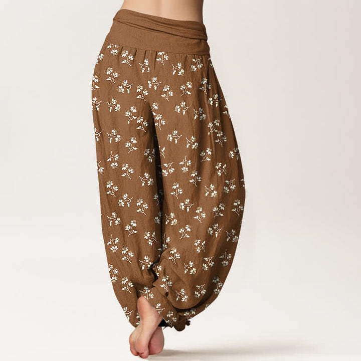 Buddha Stones Cotton Ditsy White Floral Pattern Women's Elastic Waist Harem Pants - image 2