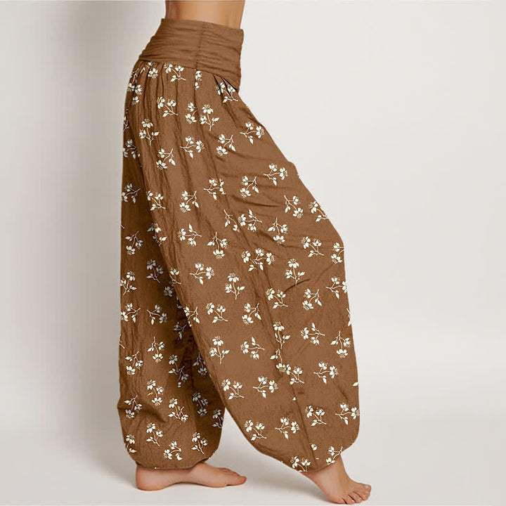 Buddha Stones Cotton Ditsy White Floral Pattern Women's Elastic Waist Harem Pants - image 1
