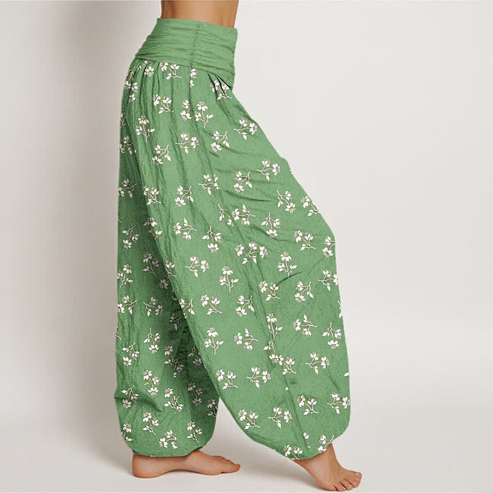Buddha Stones Cotton Ditsy White Floral Pattern Women's Elastic Waist Harem Pants - image 4