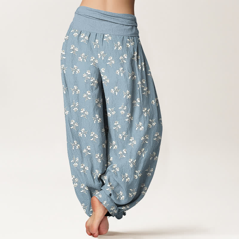 Buddha Stones Cotton Ditsy White Floral Pattern Women's Elastic Waist Harem Pants - image 8