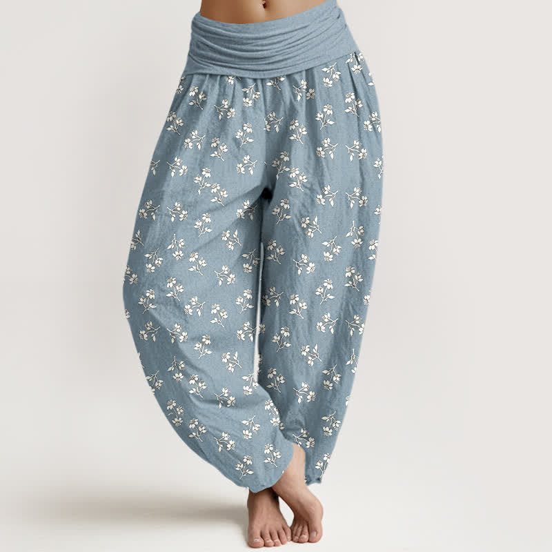 Buddha Stones Cotton Ditsy White Floral Pattern Women's Elastic Waist Harem Pants - LightBlue - US16，UK/AU20，EU48 (3XL) - image 6