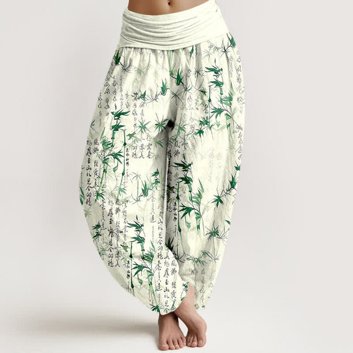 Buddha Stones Pure Cotton Bamboo Leaf Calligraphy Pattern Women's Elastic Waist Harem Pants - Green - US16，UK/AU20，EU48 (3XL) - image 0