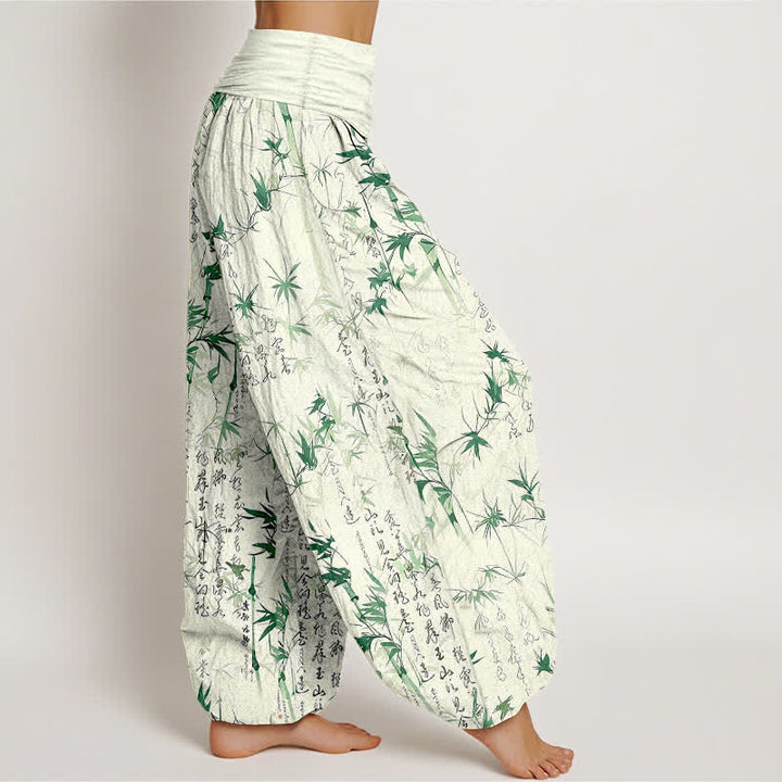 Buddha Stones Pure Cotton Bamboo Leaf Calligraphy Pattern Women's Elastic Waist Harem Pants - image 1