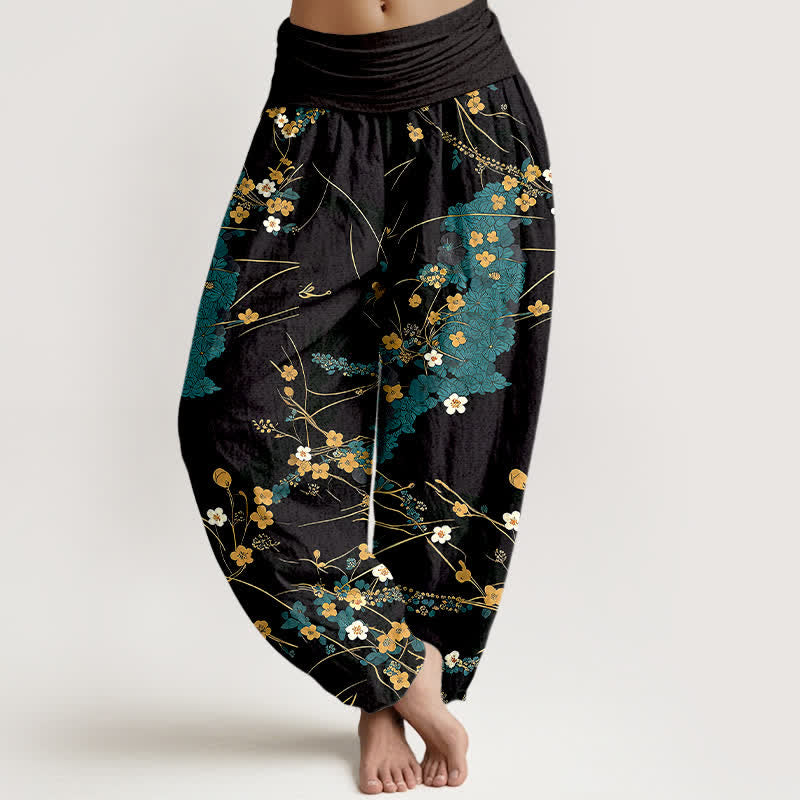 Buddha Stones Pure Cotton Floral Leaf Pattern Women's Elastic Waist Harem Pants - DarkTurquoise - US16，UK/AU20，EU48 (3XL) - image 0