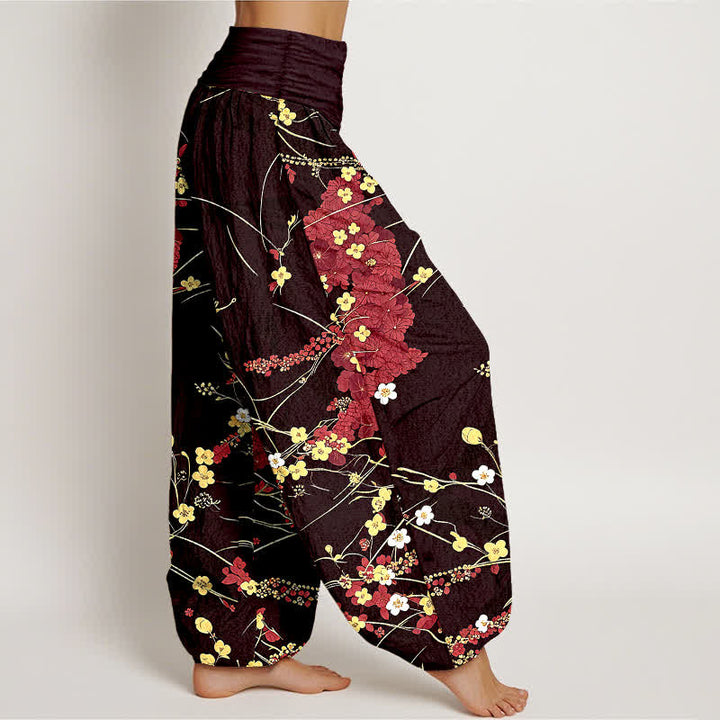 Buddha Stones Pure Cotton Floral Leaf Pattern Women's Elastic Waist Harem Pants - image 4