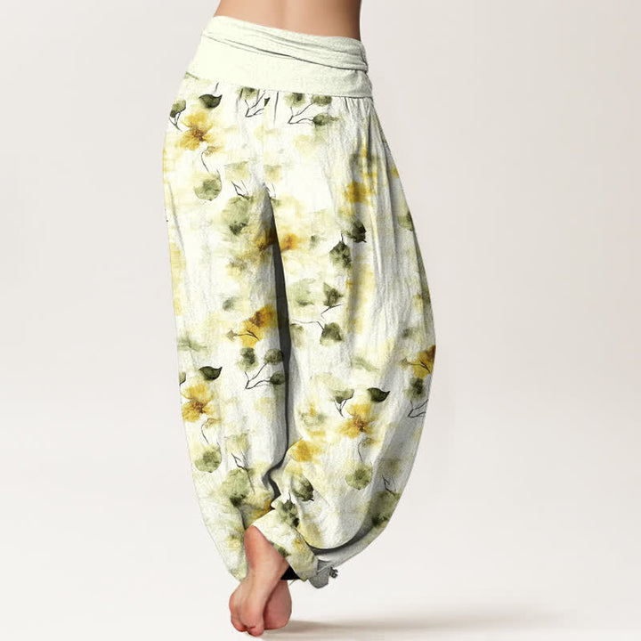 Buddha Stones Cotton Watercolor Floral Leaf Pattern Women's Elastic Waist Harem Pants - image 2
