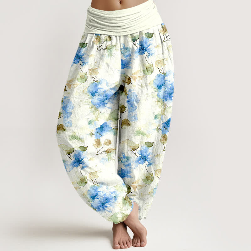 Buddha Stones Cotton Watercolor Floral Leaf Pattern Women's Elastic Waist Harem Pants - DeepSkyBlue - US16，UK/AU20，EU48 (3XL) - image 3