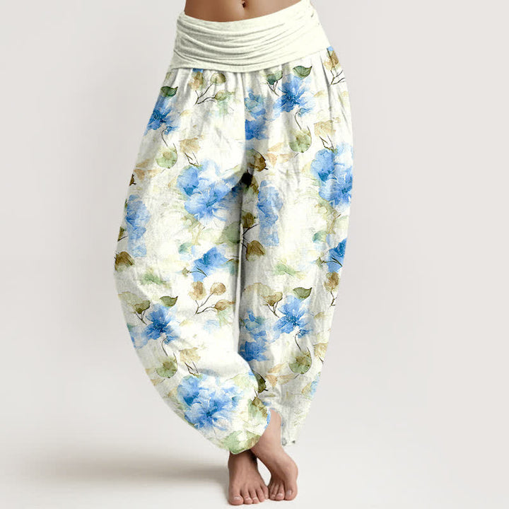 Buddha Stones Cotton Watercolor Floral Leaf Pattern Women's Elastic Waist Harem Pants - DeepSkyBlue - US16，UK/AU20，EU48 (3XL) - image 3