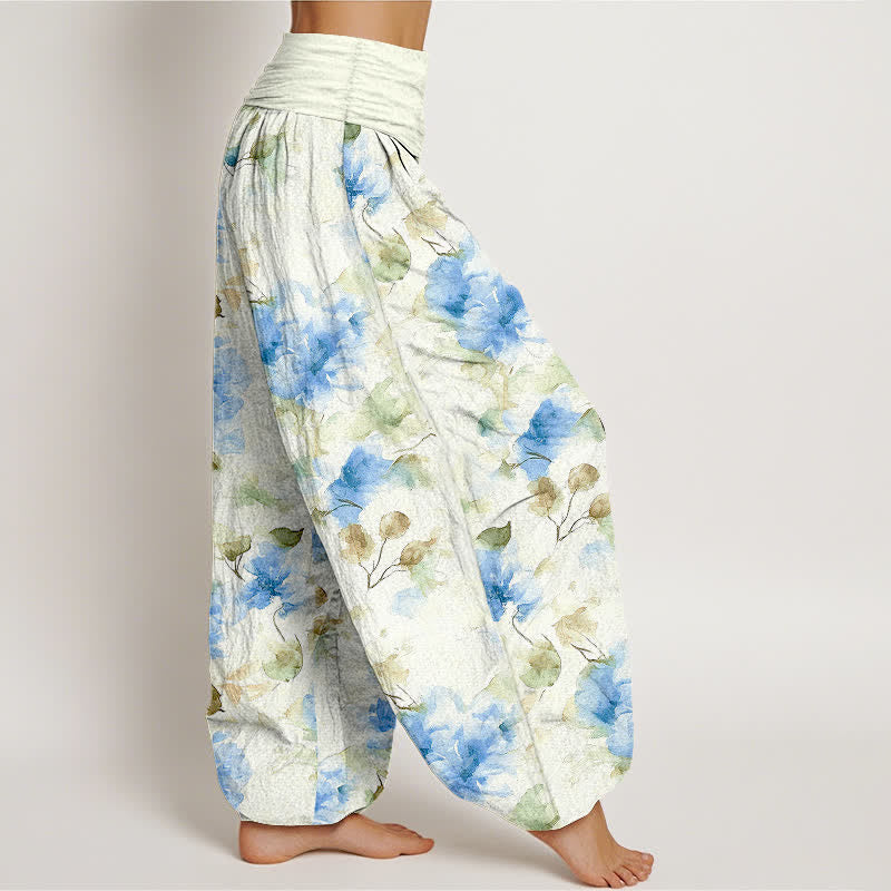 Buddha Stones Cotton Watercolor Floral Leaf Pattern Women's Elastic Waist Harem Pants - image 4