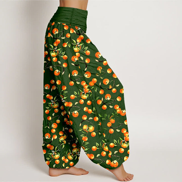Buddha Stones Pure Cotton Mandarin Fruit Leaf Pattern Women's Elastic Waist Harem Pants - image 1