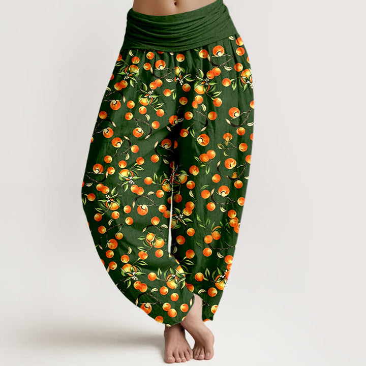 Buddha Stones Pure Cotton Mandarin Fruit Leaf Pattern Women's Elastic Waist Harem Pants - ForestGreen - US16，UK/AU20，EU48 (3XL) - image 0