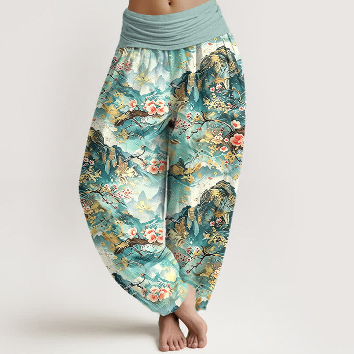 Buddha Stones Pure Cotton Oriental Landscape Floral Pattern Women's Elastic Waist Harem Pants - Turquoise - US16，UK/AU20，EU48 (3XL) - image 0