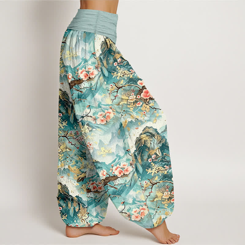 Buddha Stones Pure Cotton Oriental Landscape Floral Pattern Women's Elastic Waist Harem Pants - image 1