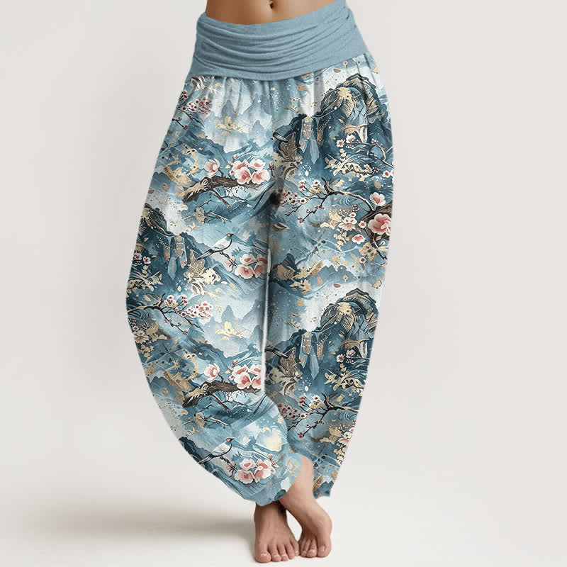 Buddha Stones Pure Cotton Oriental Landscape Floral Pattern Women's Elastic Waist Harem Pants - PaleTurquoise - US16，UK/AU20，EU48 (3XL) - image 3
