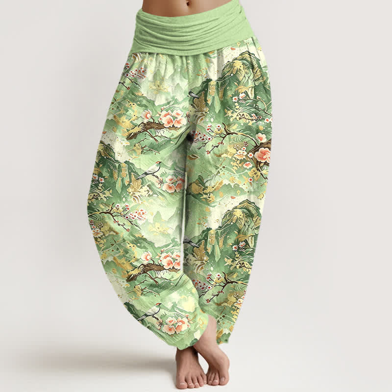 Buddha Stones Pure Cotton Oriental Landscape Floral Pattern Women's Elastic Waist Harem Pants - LightGreen - US16，UK/AU20，EU48 (3XL) - image 6