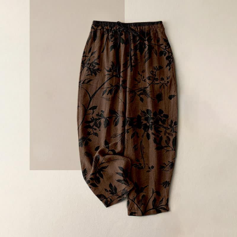 Buddha Stones Pure Cotton Black Botanical Leaf Pattern Women's Elastic Waist Pants With Pockets - SaddleBrown - US16，UK/AU20，EU48 (3XL) - image 0
