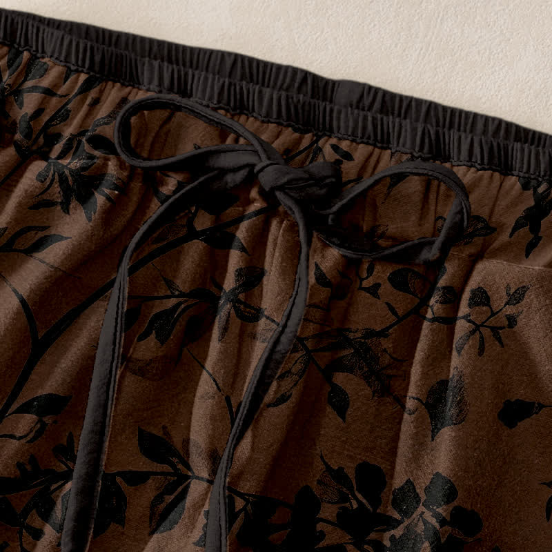 Buddha Stones Pure Cotton Black Botanical Leaf Pattern Women's Elastic Waist Pants With Pockets - image 1