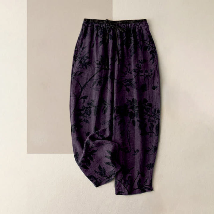 Buddha Stones Pure Cotton Black Botanical Leaf Pattern Women's Elastic Waist Pants With Pockets - Purple - US16，UK/AU20，EU48 (3XL) - image 4