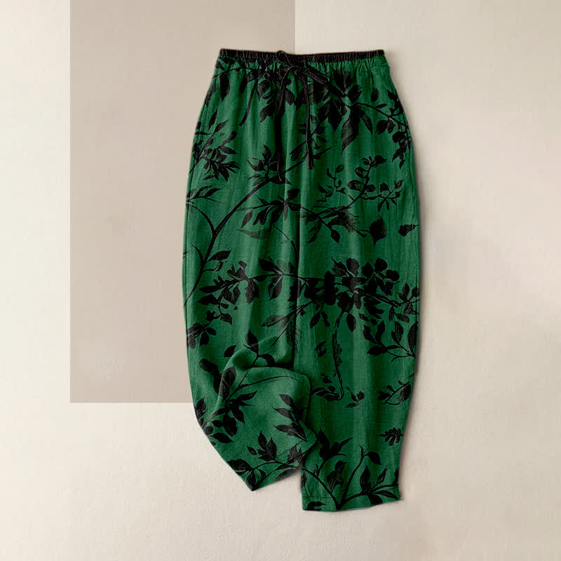 Buddha Stones Pure Cotton Black Botanical Leaf Pattern Women's Elastic Waist Pants With Pockets - ForestGreen - US16，UK/AU20，EU48 (3XL) - image 5