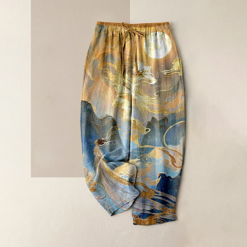 Buddha Stones Pure Cotton Fairy Golden Moon Cloud Landscape Pattern Women's Elastic Waist Pants With Pockets - Wheat - US16，UK/AU20，EU48 (3XL) - image 0