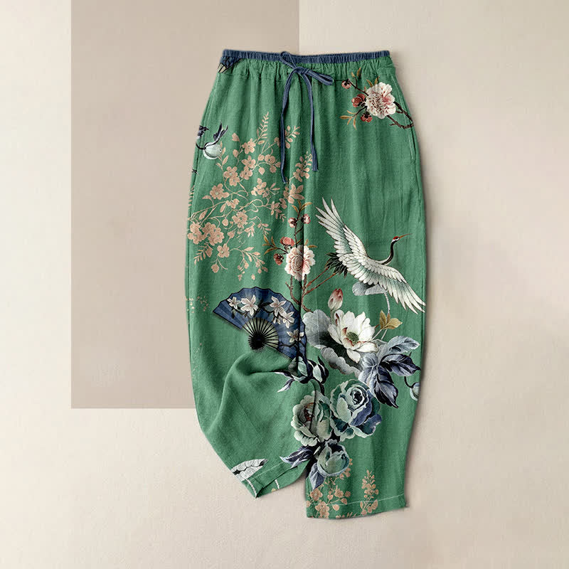 Buddha Stones Pure Cotton Oriental Crane Fan Pattern Women's Elastic Waist Pants With Pockets - SeaGreen - US16，UK/AU20，EU48 (3XL) - image 4