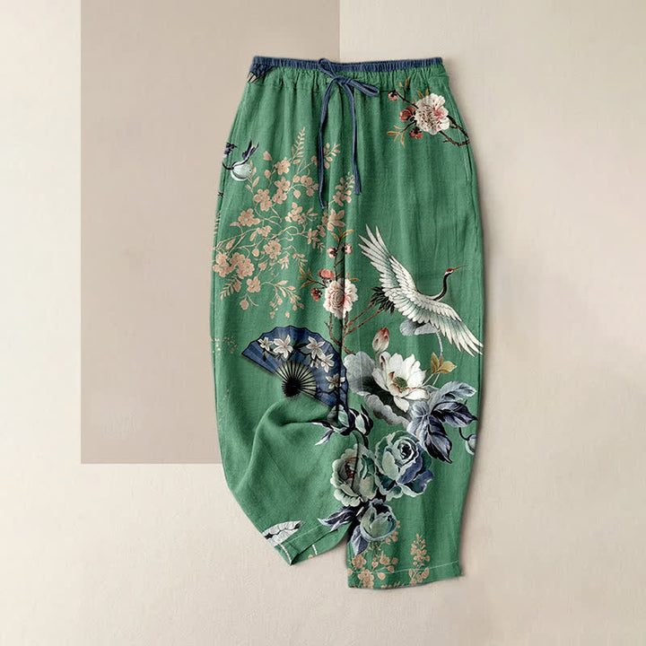 Buddha Stones Pure Cotton Oriental Crane Fan Pattern Women's Elastic Waist Pants With Pockets - SeaGreen - US16，UK/AU20，EU48 (3XL) - image 4
