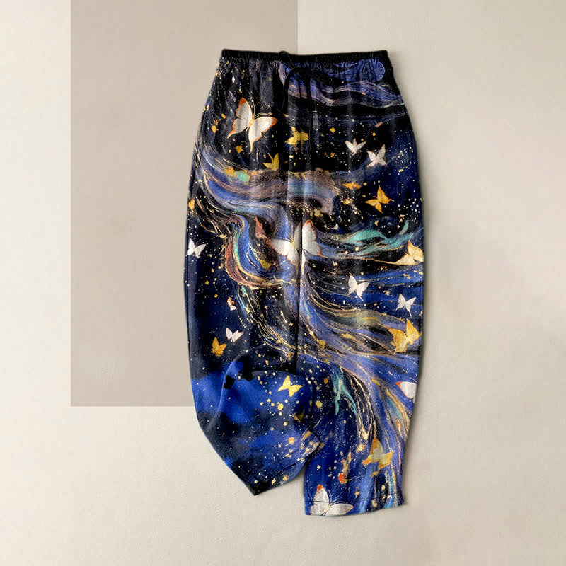 Buddha Stones Cotton Starry Butterfly Ribbon Pattern Women's Elastic Waist Pants With Pockets - MidnightBlue - US16，UK/AU20，EU48 (3XL) - image 0