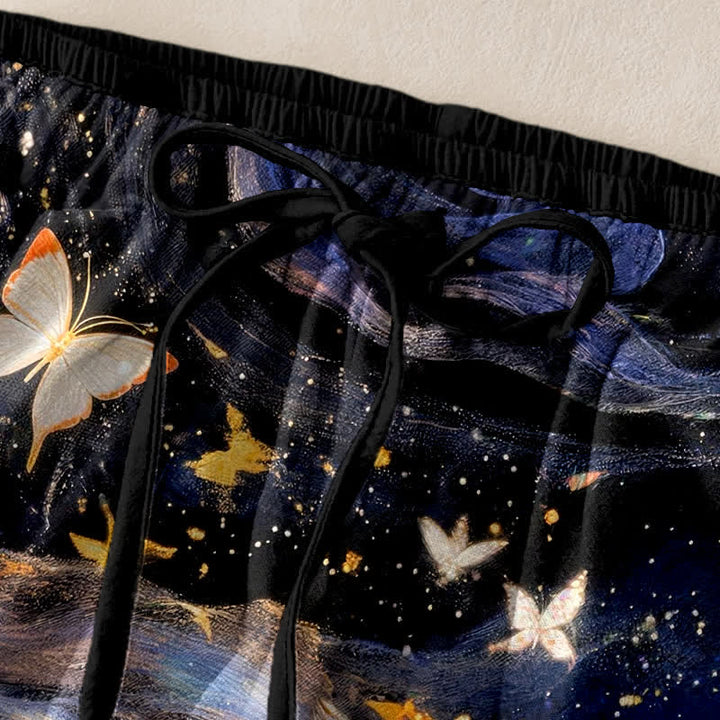 Buddha Stones Cotton Starry Butterfly Ribbon Pattern Women's Elastic Waist Pants With Pockets - image 1