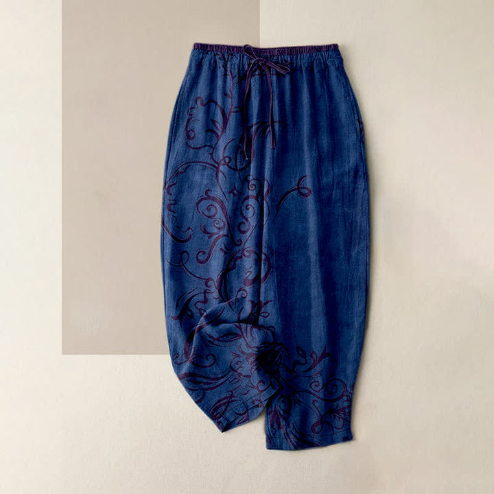 Buddha Stones Cotton Vine Scroll Pattern Women's Elastic Waist Pants With Pockets - Navy - US16，UK/AU20，EU48 (3XL) - image 5