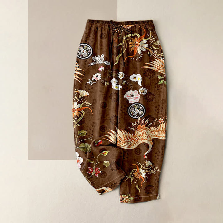 Buddha Stones Pure Cotton White Crane Floral Medallion Pattern Women's Elastic Waist Pants With Pockets - Sienna - US16，UK/AU20，EU48 (3XL) - image 0