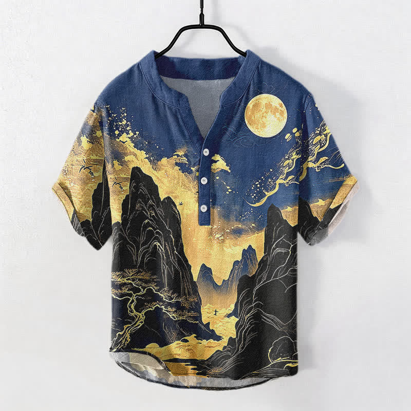 Buddha Stones Cotton Golden Moon Landscape Pattern Men's Short Sleeve Half Button Shirt - DarkBlue - US/UK/AU50，EU60 (5XL) - image 5
