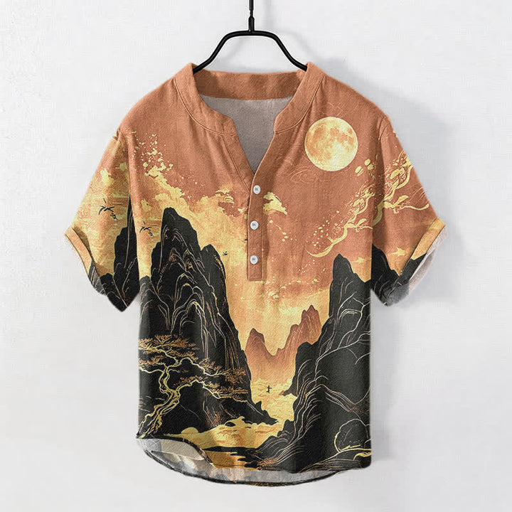 Buddha Stones Cotton Golden Moon Landscape Pattern Men's Short Sleeve Half Button Shirt - SandyBrown - US/UK/AU50，EU60 (5XL) - image 7