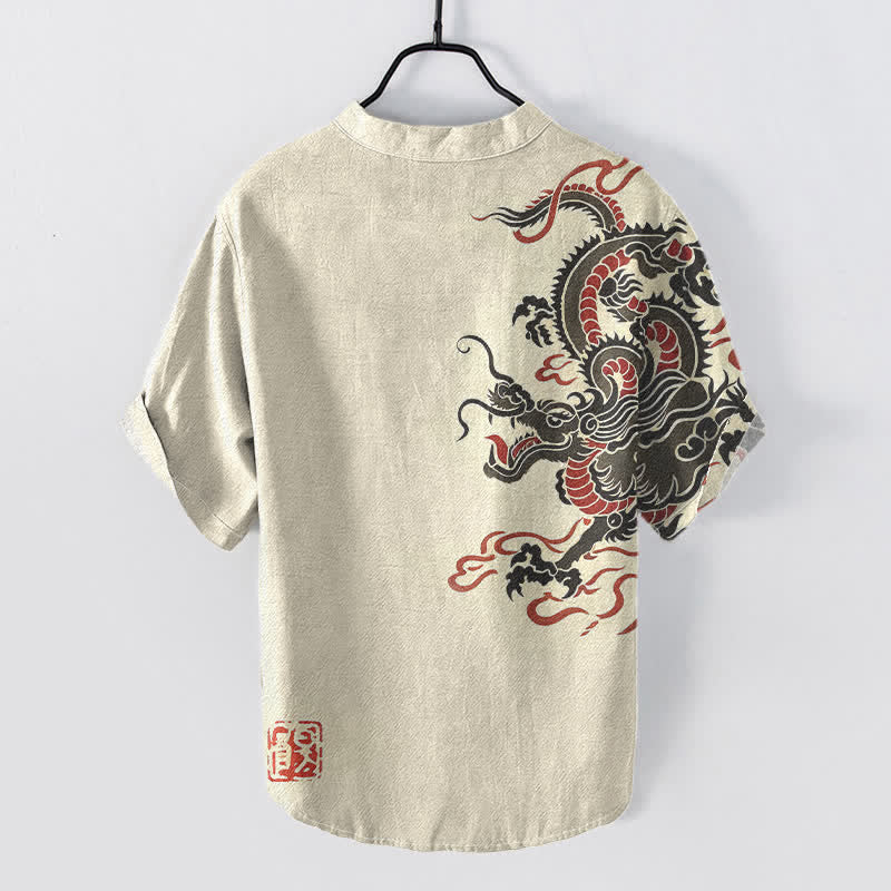 Buddha Stones Cotton Black Red Dragon Pattern Men's Short Sleeve Half Button Shirt - image 1