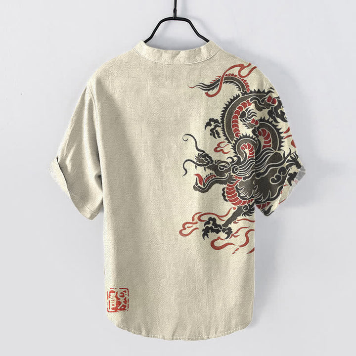 Buddha Stones Cotton Black Red Dragon Pattern Men's Short Sleeve Half Button Shirt - image 1