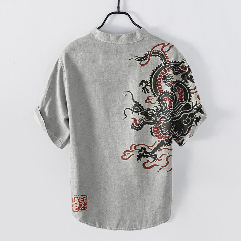 Buddha Stones Cotton Black Red Dragon Pattern Men's Short Sleeve Half Button Shirt - image 4