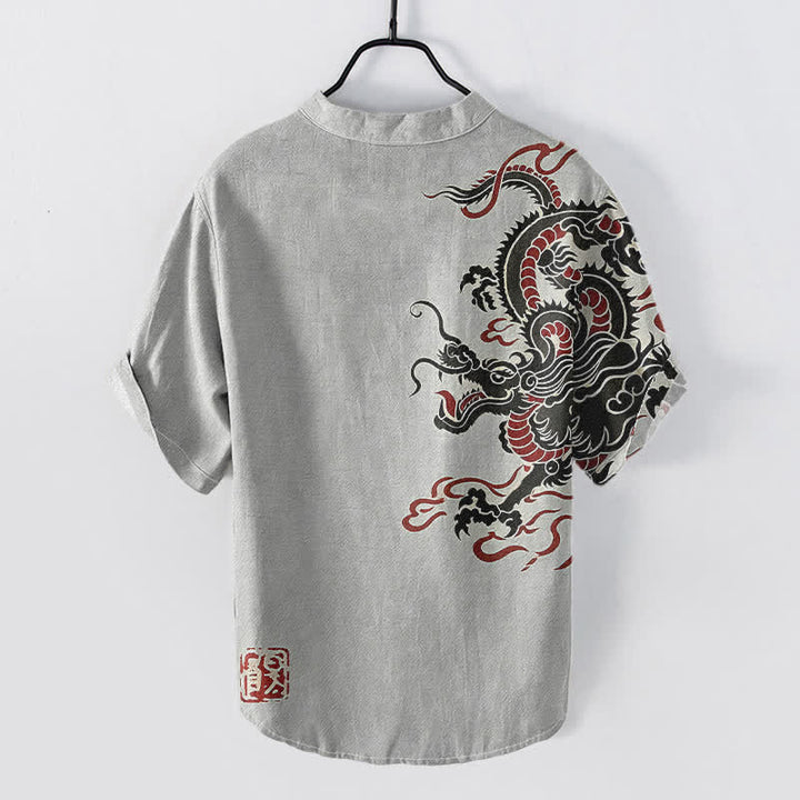 Buddha Stones Cotton Black Red Dragon Pattern Men's Short Sleeve Half Button Shirt - image 4