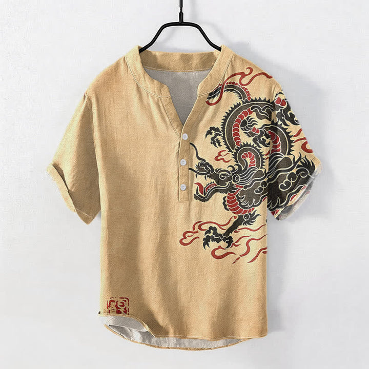 Buddha Stones Cotton Black Red Dragon Pattern Men's Short Sleeve Half Button Shirt - image 5