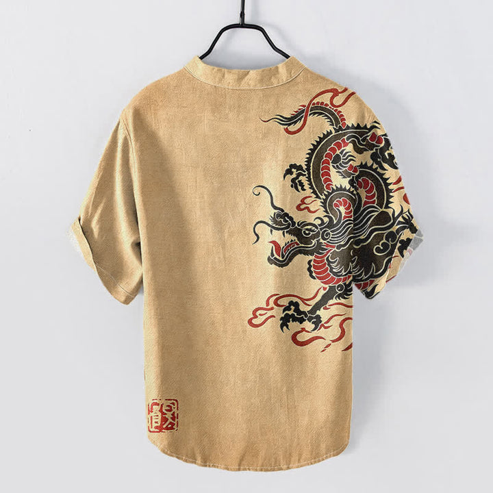 Buddha Stones Cotton Black Red Dragon Pattern Men's Short Sleeve Half Button Shirt - BurlyWood - US/UK/AU50，EU60 (5XL) - image 6