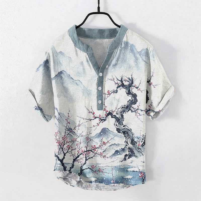 Buddha Stones Cotton Ink Wash Mountain Plum Pattern Half Button Men's Short Sleeve  Shirt - AliceBlue - US/UK/AU50，EU60 (5XL) - image 0