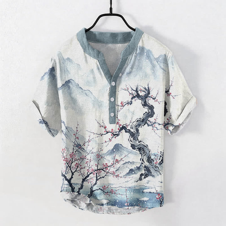 Buddha Stones Cotton Ink Wash Mountain Plum Pattern Half Button Men's Short Sleeve  Shirt - AliceBlue - US/UK/AU50，EU60 (5XL) - image 0