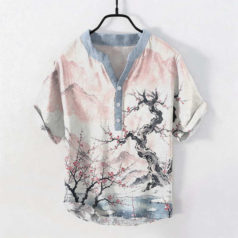 Buddha Stones Cotton Ink Wash Mountain Plum Pattern Half Button Men's Short Sleeve  Shirt - MistyRose - US/UK/AU50，EU60 (5XL) - image 3