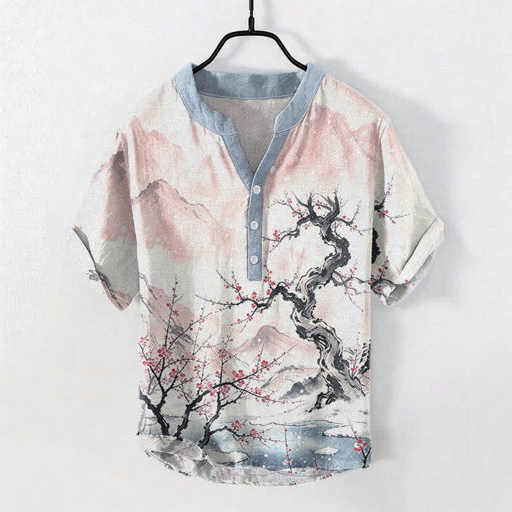 Buddha Stones Cotton Ink Wash Mountain Plum Pattern Half Button Men's Short Sleeve  Shirt - MistyRose - US/UK/AU50，EU60 (5XL) - image 3