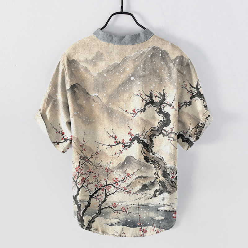 Buddha Stones Cotton Ink Wash Mountain Plum Pattern Half Button Men's Short Sleeve  Shirt - image 6