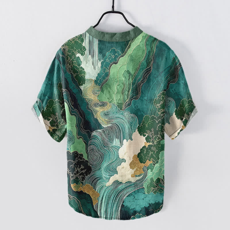 Buddha Stones Cotton Oriental Ink Landscape Pattern Men's Short Sleeve Half Button Shirt - image 1